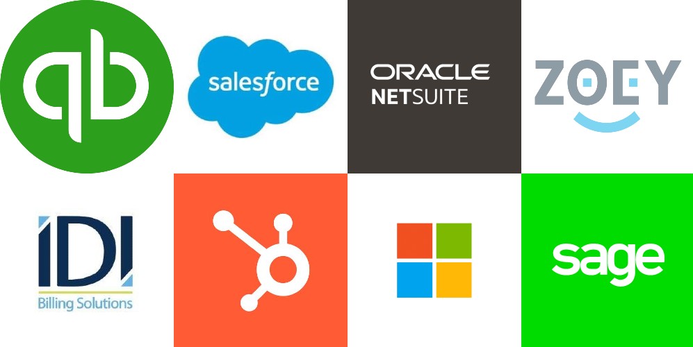 Logos for QuickBooks, Salesforce, Microsoft Dynamics, Zoey, IDI Billing, HubSpot, Netsuite, and Sage.