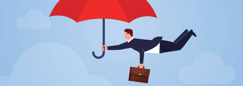 Illustration shows a man flying through a blue sky holding a red umbrella and a briefcase, representing an insurance agent.