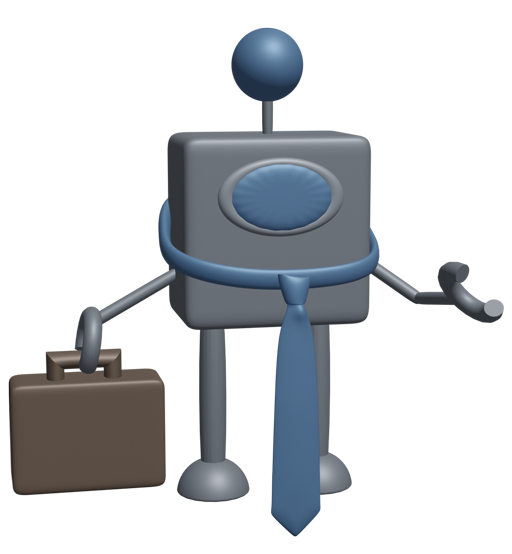 A rule bot with a briefcase and tie welcomes users to the Core Commissions website