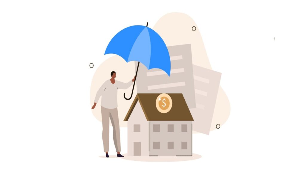 Illustration depicting a man holding an umbrella over documents and a house representing insurance commissions earned by different types of insurance policies