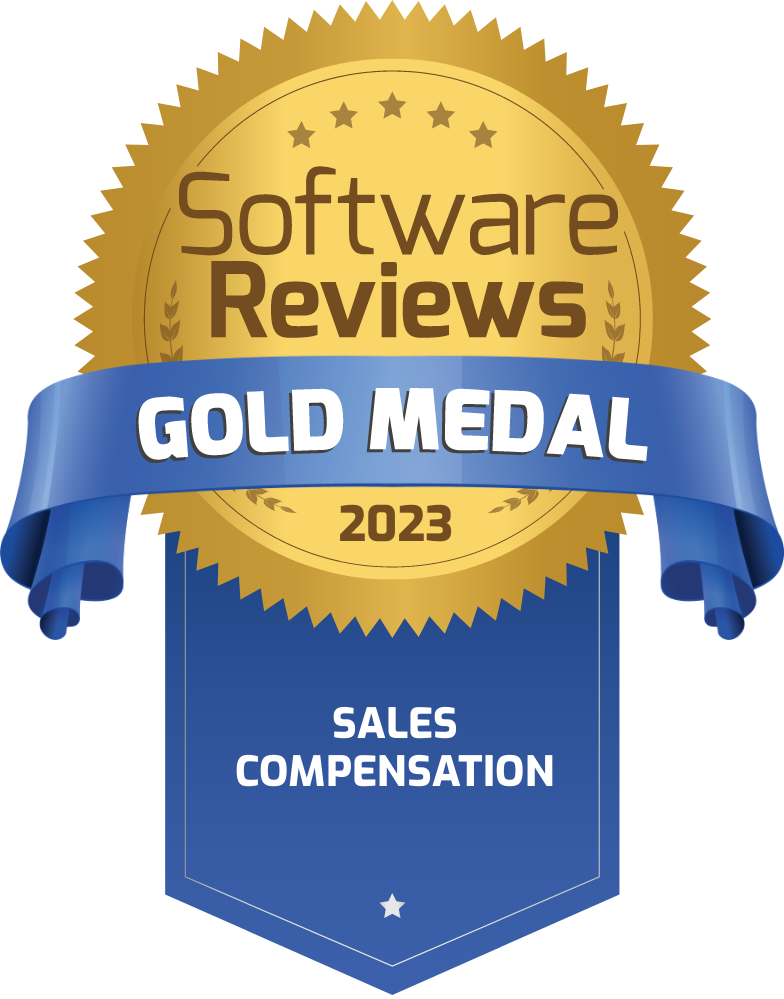 An animated badge indicates that Core Commissions earned a gold medal from Software Reviews in their 2022 Sales Compensation software report.
