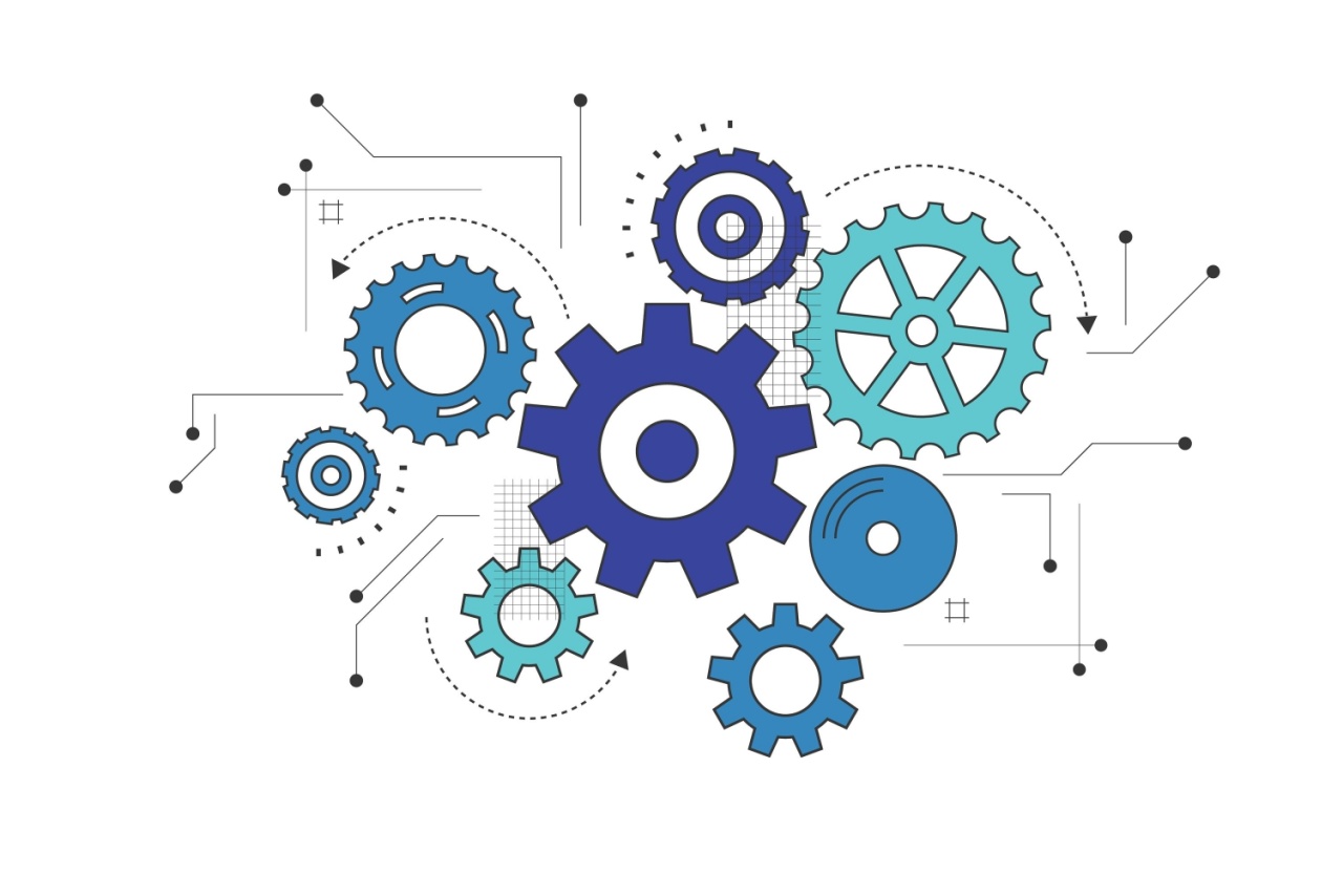 Interconnecting gears showing how a business rules engine process rules. 