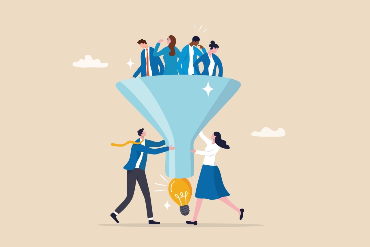 Sales team members surround a funnel where leadership are standing in the top of the funnel and a lightbulb is coming out the bottom representing top down sales planning. 