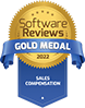 An animated badge indicates that Core Commissions earned a gold medal from Software Reviews in their 2022 Sales Compensation software report.