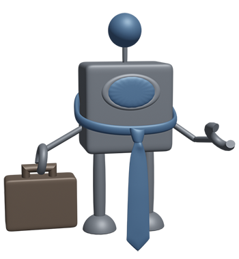 A rule bot with a briefcase and tie welcomes users to the Core Commissions website