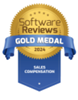 An animated badge indicates that Core Commissions earned a gold medal from Software Reviews in their 2022 Sales Compensation software report.